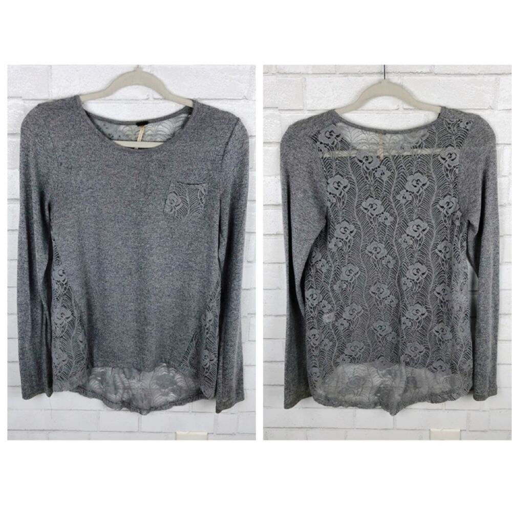Poof Gray Full Floral Lace Back Hi-Lo Top Size S